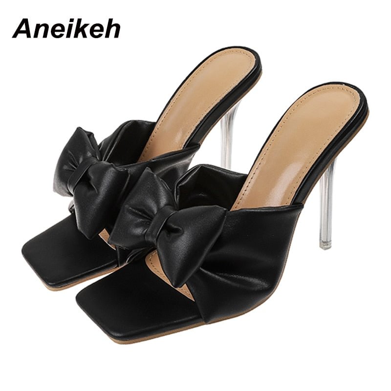 Aneikeh 2021 NEW Sexy Women Shoes Summer Butterfly-Knot Head Peep Toe Thin High Heel Sweet Fashion Solid Shallow Ladies Slippers