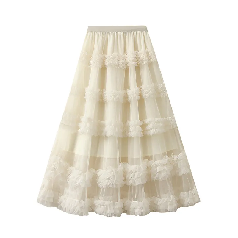 Nigikala Nigikala Heavy Industry Lace Cake Skirt Long Skirt Sweet Wind High Waist Wood Ear Net Yarn Skirt 1276