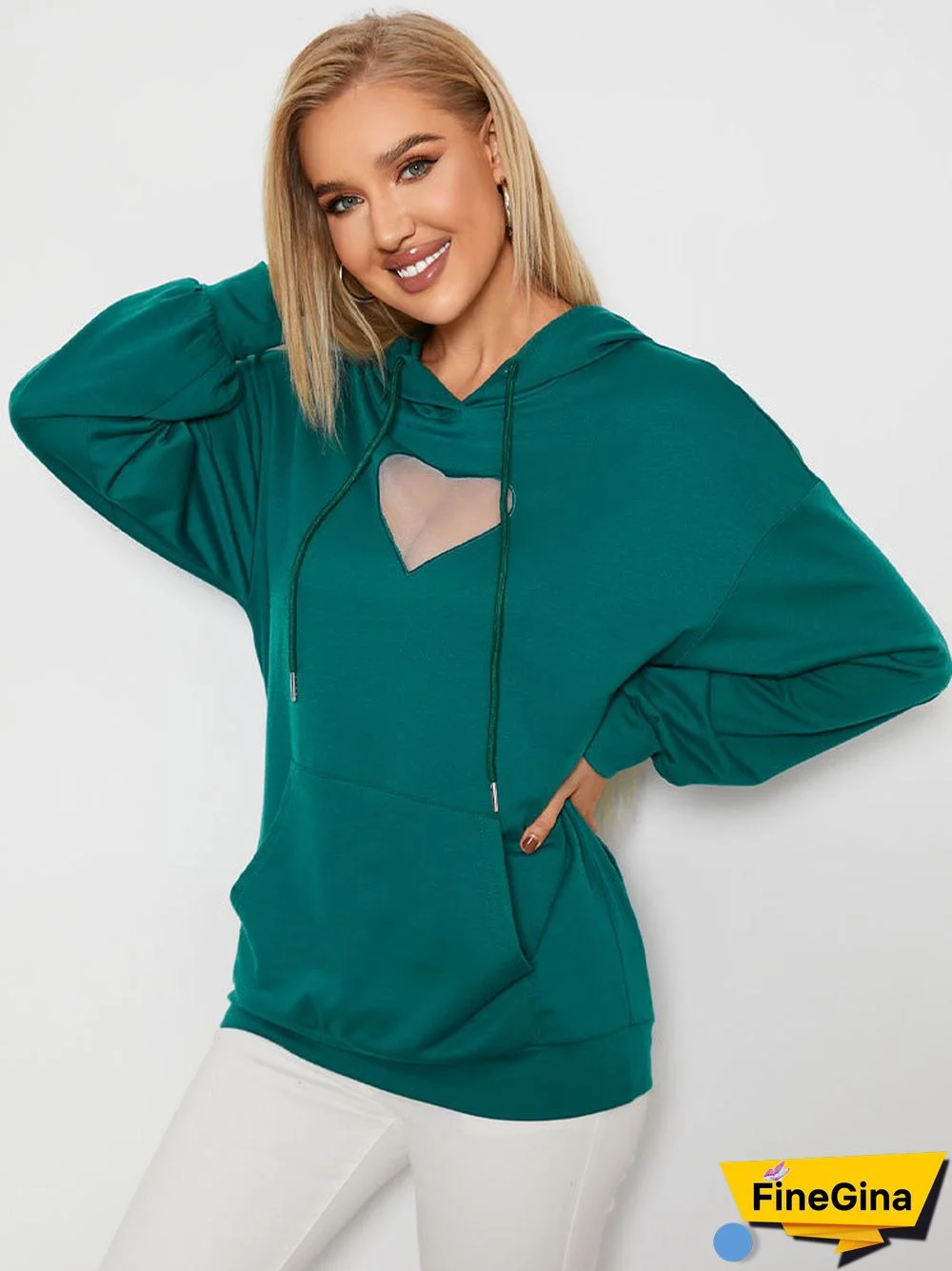 Heart Mesh Kangaroo Pocket Drawstring Loose Hoodie