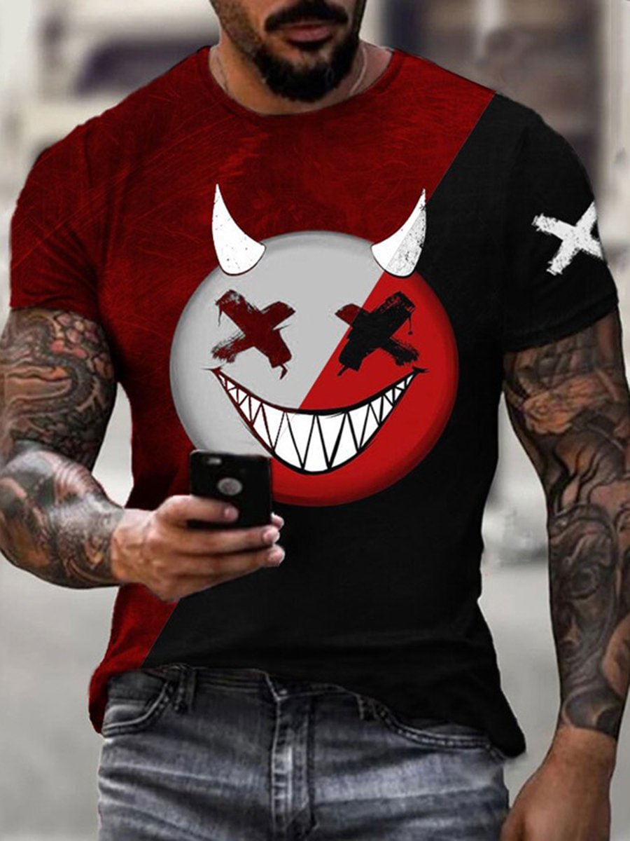 Men's smiling face stitching casual round neck short sleeve