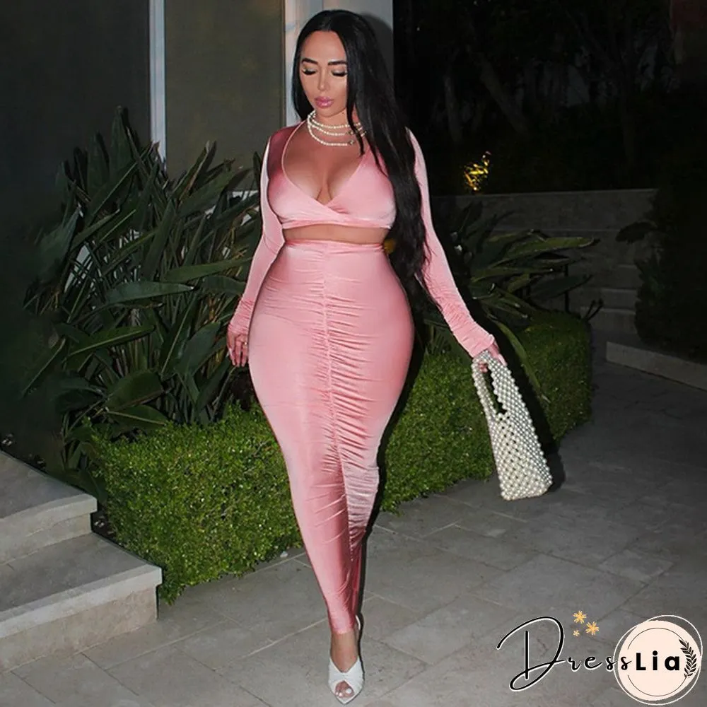 Neck Ruched Party Co-Ord Sets Women Clubwear Long Sleeve Bodycon Skinny Crop Top And Skirt