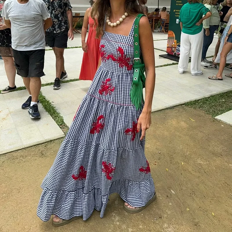 Women Ruffle Embroidery Slip Dress Sleeveless Plaid Pleated Backless Beach Maxi Dress