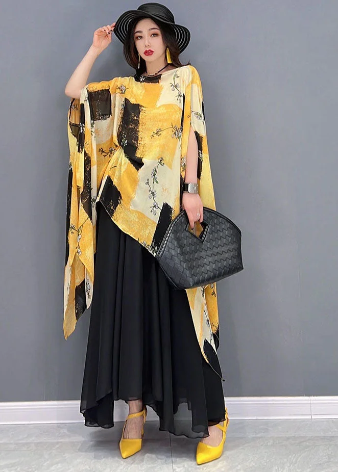 Boho Yellow Asymmetrical Print Chiffon Tops And Skirts Two Piece Outfit Summer