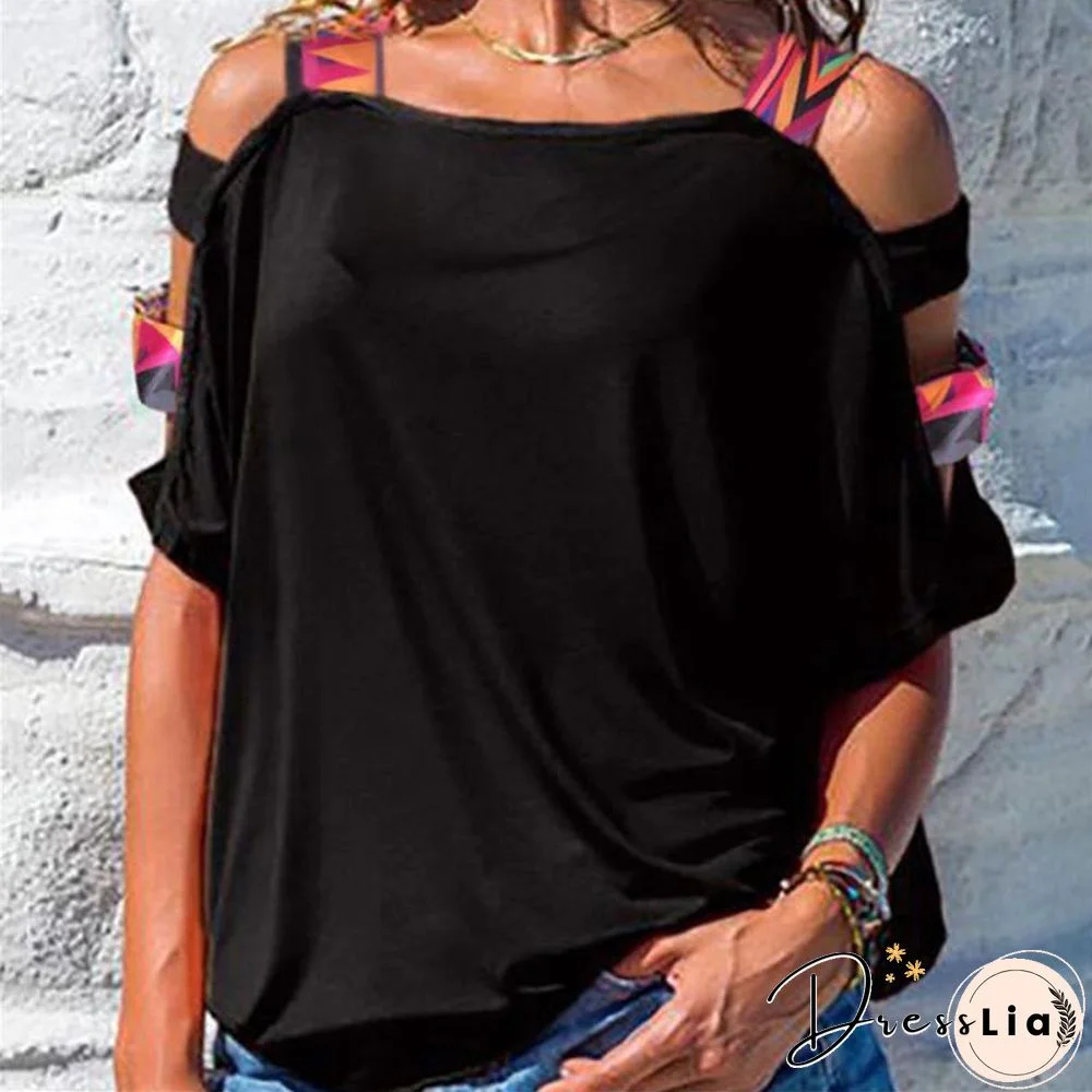 Women Bare Shoulder T Shirt Vintage Boho Print Cold Shoulder Tunic Loose T-shirt