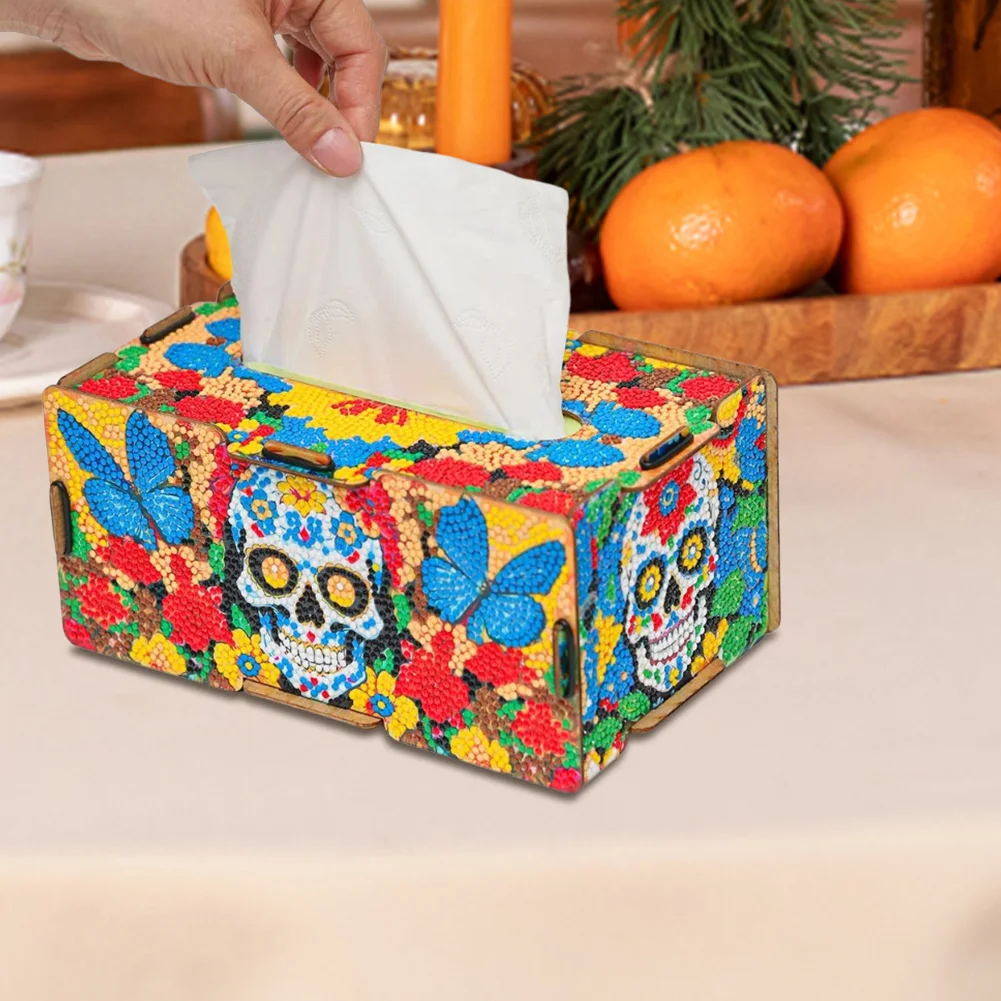 Wooden Skull 5D DIY Diamond Painting Tissue Holder Home Diamond Art Tissue Box