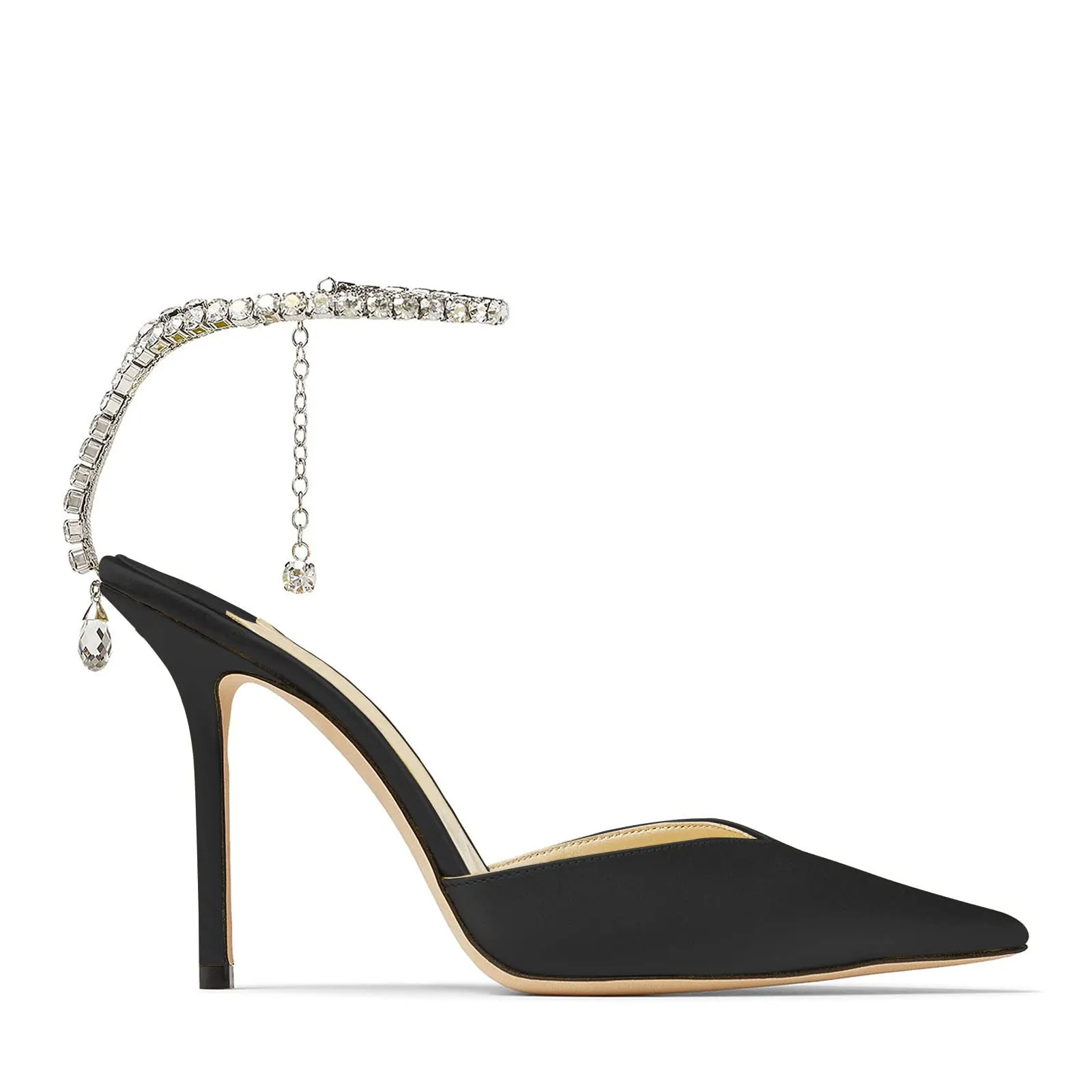 100mm Women's Sandals Crystal Chain Ankle Straps Rhinestones Buckle Heels Stiletto Satin Dress Shoes-vocosishoes