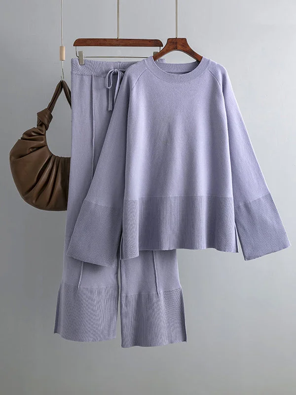 Casual Long Sleeves Loose Solid Color Round-Neck Sweater Tops & Wide Leg Pants Two Pieces Set