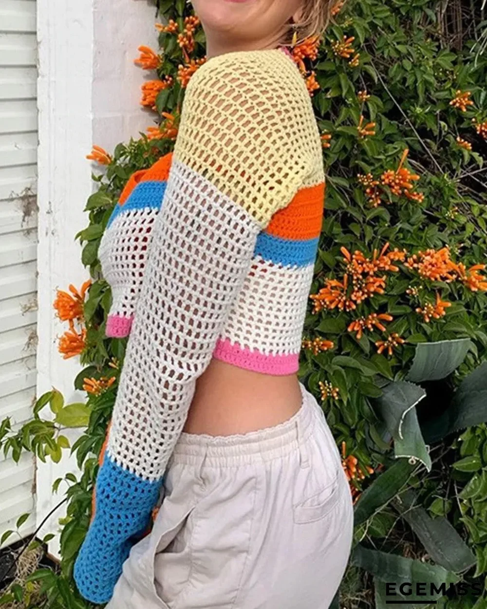 Colorblock Square Neck Open Knit Crop Sweater | EGEMISS