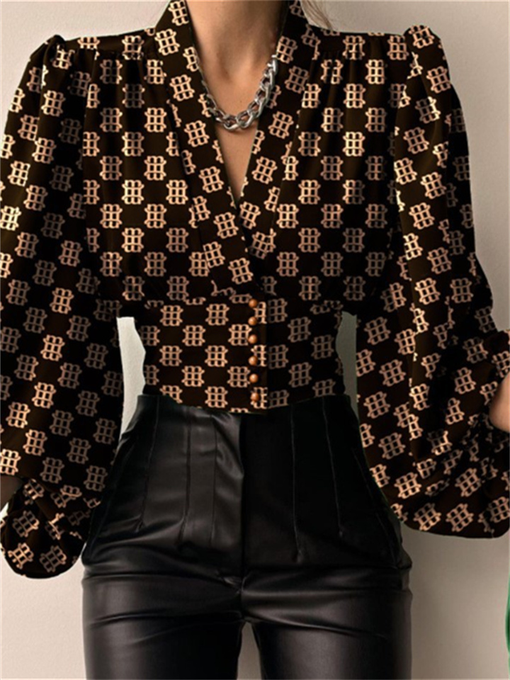 Spring New Solid Color Slim Temperament Long-sleeved Button V Collar Urban Trend Set Head Lantern Sleeve Blouse Shirt