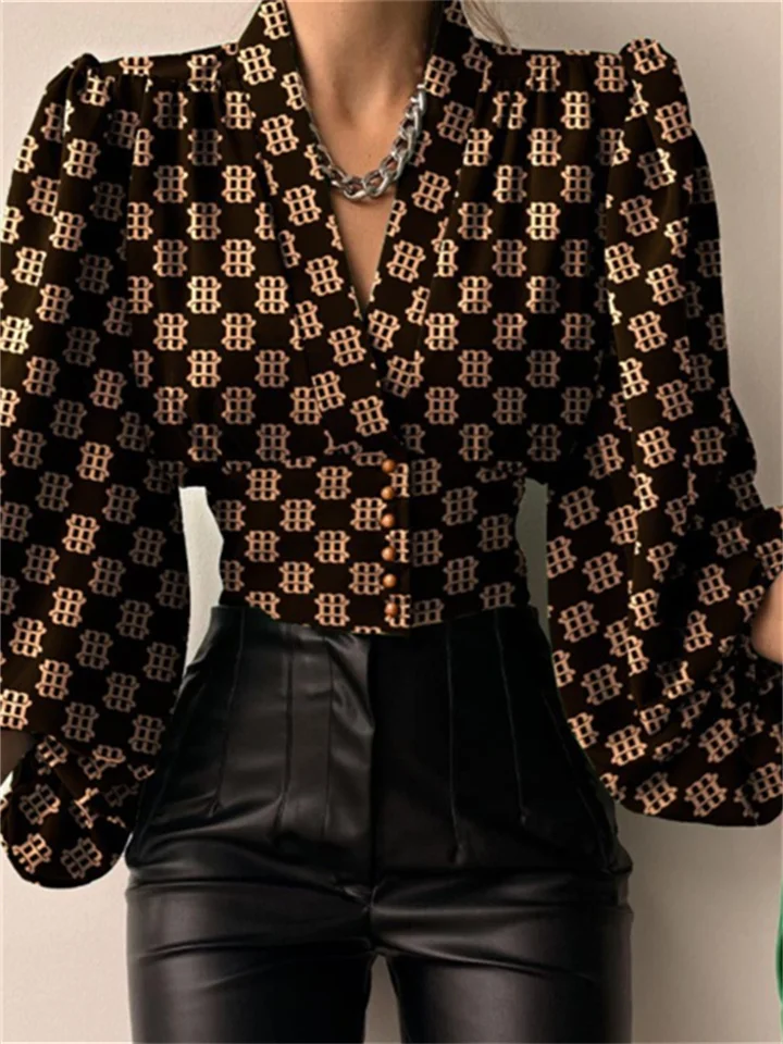 Spring New Solid Color Slim Temperament Long-sleeved Button V Collar Urban Trend Set Head Lantern Sleeve Blouse Shirt