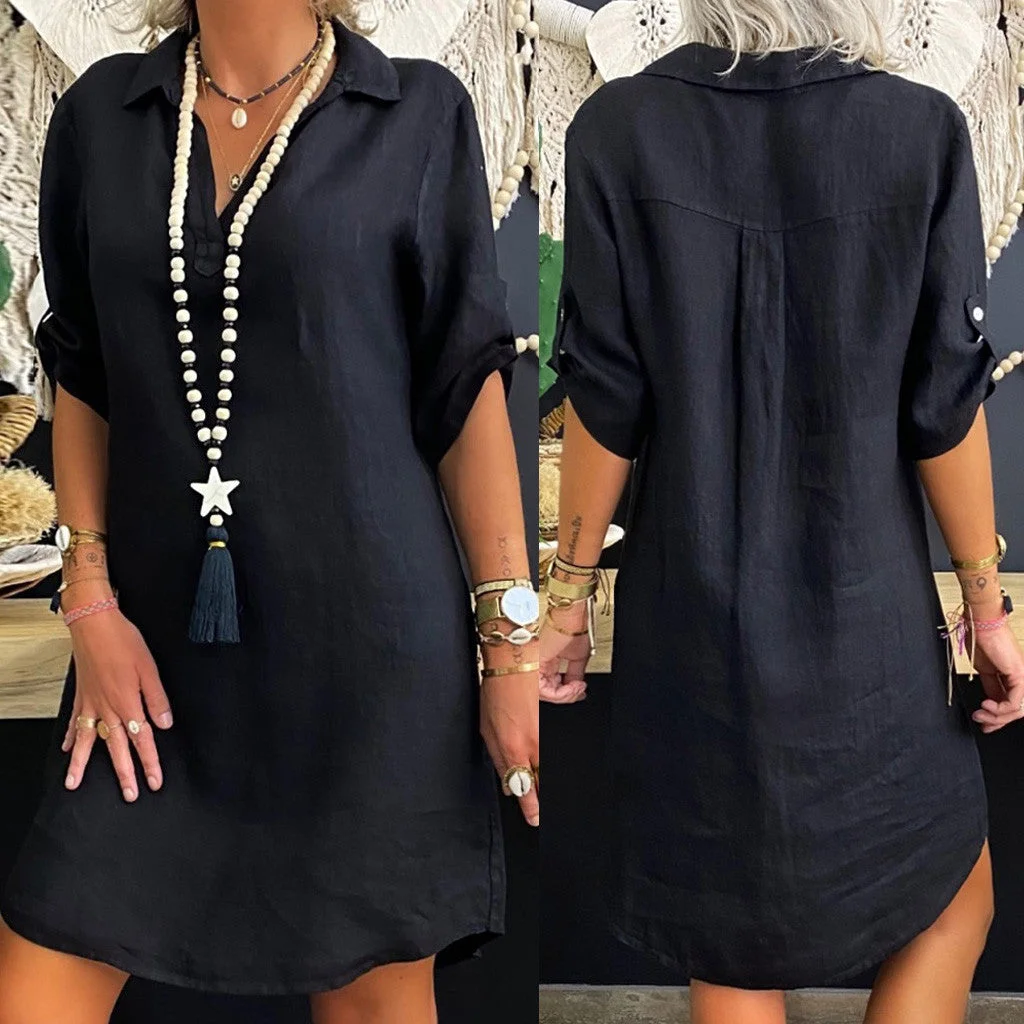 Uveng Mid Skirt Summer Rayon Short-sleeved Shirt Dress