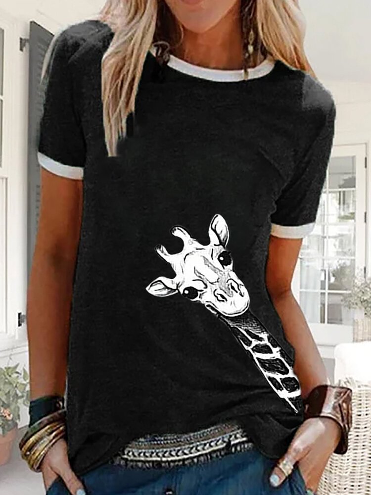 Giraffe Printed O neck Short Sleeve T shirt For Women P1720719