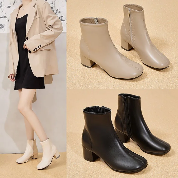 Graduation Gifts  Luxury Brand Women Beige Block High Heels Ankle Boots 2022 Winter Female Square Toe Chelsea Boots High Quality Short Boots