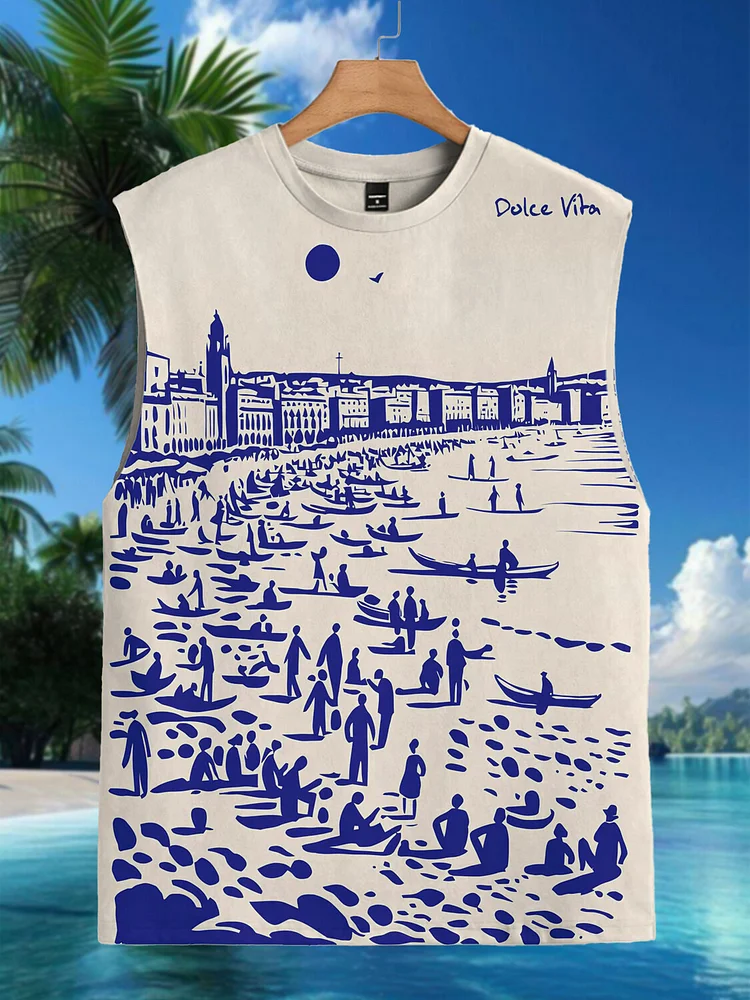 Men's Beach Building Dolce Vita Vacation Art Print Tank Top