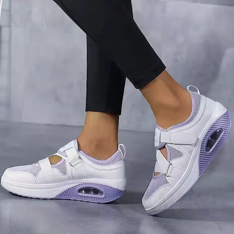 Qengg Women Casual Shoes Woman Platform Summer Hollow Mesh Breathable Shoes Wedge Shoes Ladies Fitness Shoes Flats Plus Size