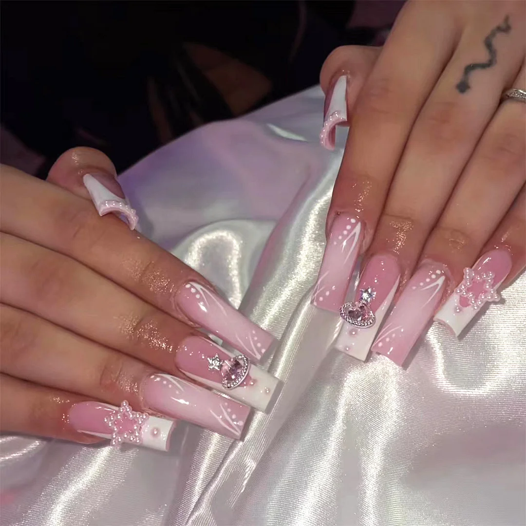 3D Star Globe Decoration Long-length Press On Nails with Jelly Double Sided Nail Adhesives 24 pcs