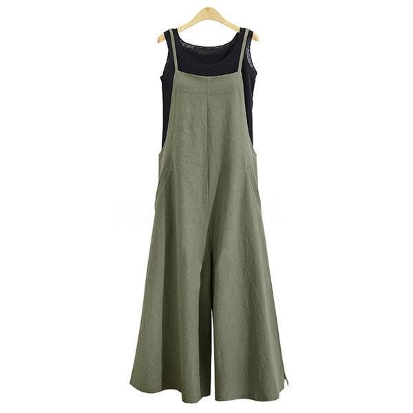 Women Casual Pure Color Loose Linen Tank Jumpsuit