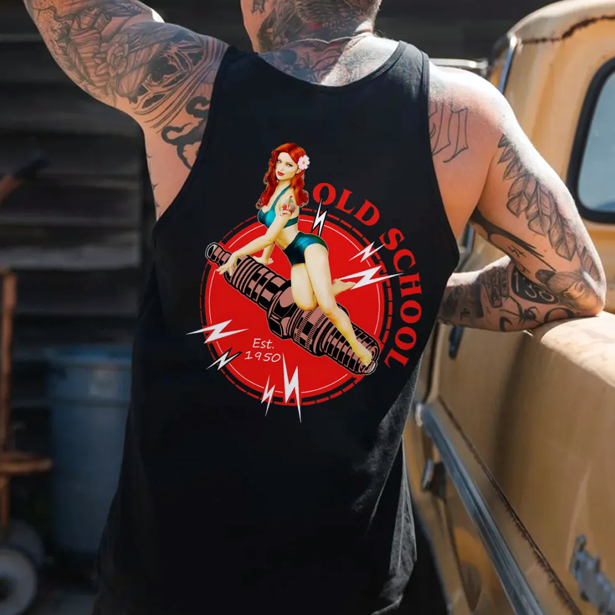 Cotton Old School Mechanic Tank Top With Pin-Up Design And Spark Plug Graphic