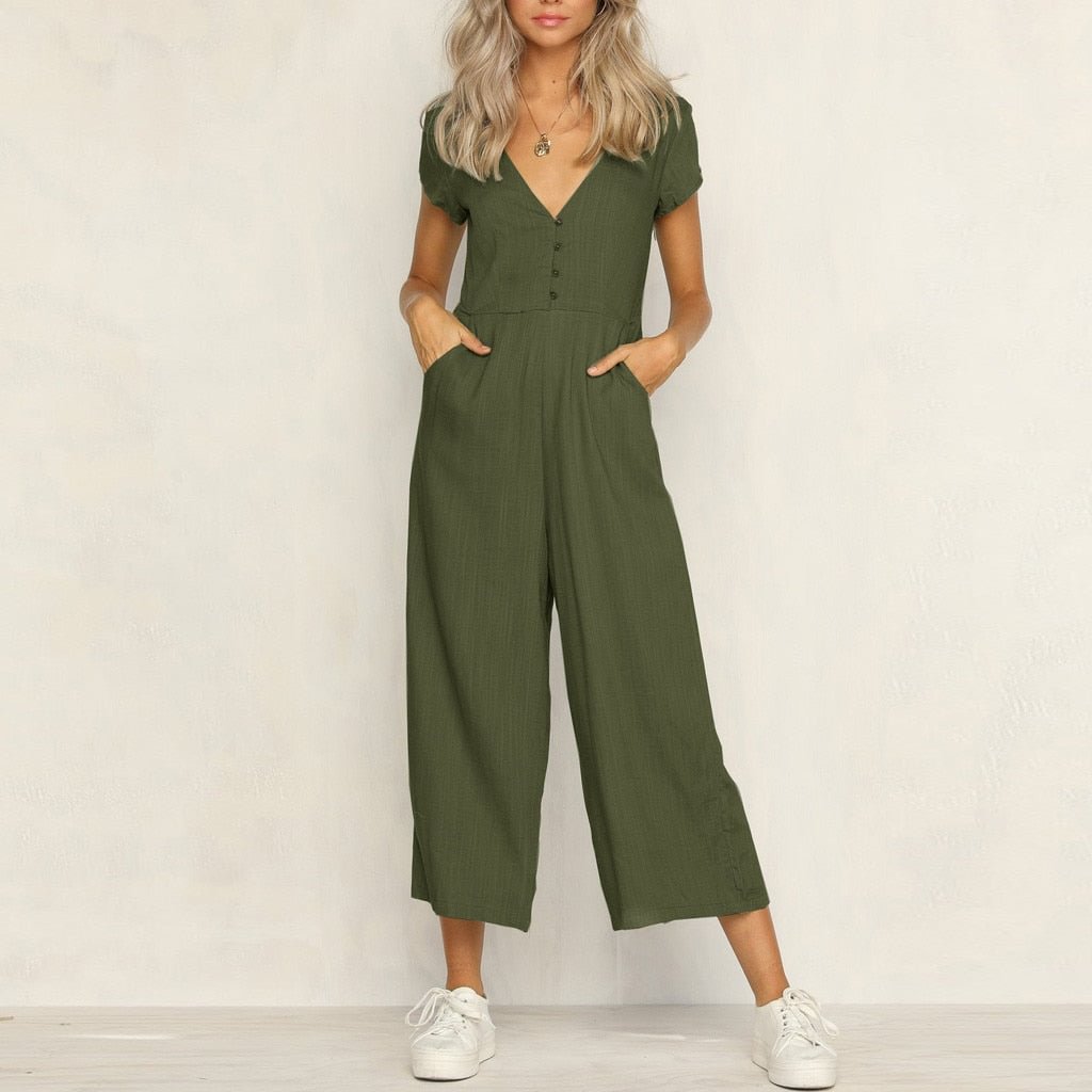 Summer Bohemian Jumpsuit Women Elegance Fashion Elegant Cotton Linen Solid Color Short-sleeved V-neck Casual  Jumpsuits Outfits