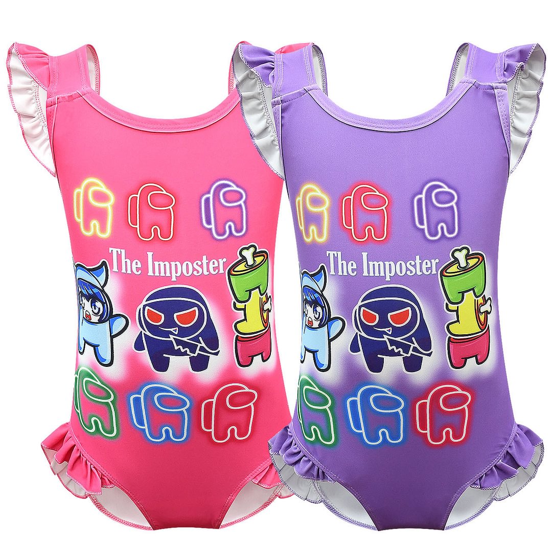 Girls One Piece Swimsuits Print Among Us Ruffle Swimwear Bathing Suit for Costume with Necklace-Pajamasbuy