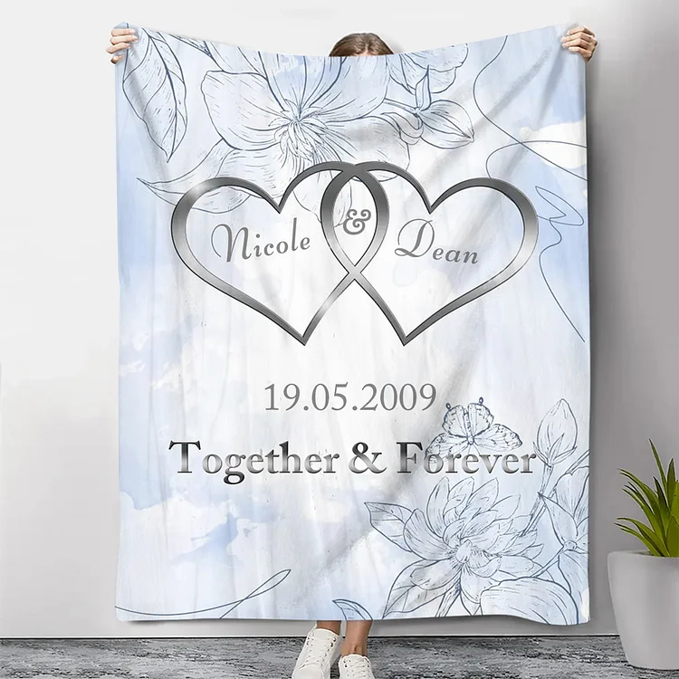 Blue Personalized Couple Blanket Custom 2 Names & Date & Text Blanket Love Valentine's Day Gifts for Him/Her