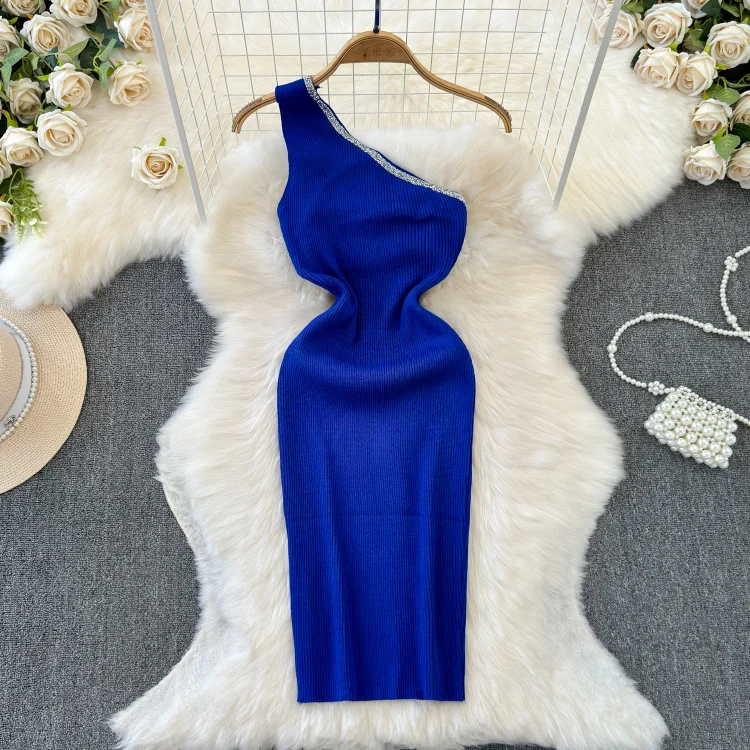Eslicerpro Bodycon Dress Diagonal Collar Exposed Shoulders Solid Color Vestidos Female Wrapped Stretch Knitted Dresses Summer Dropshipping