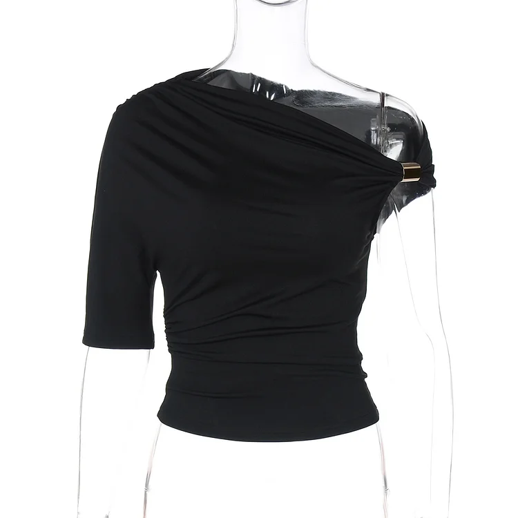 Asymmetric Pleated Crop-top Tight-fitting T-shirt