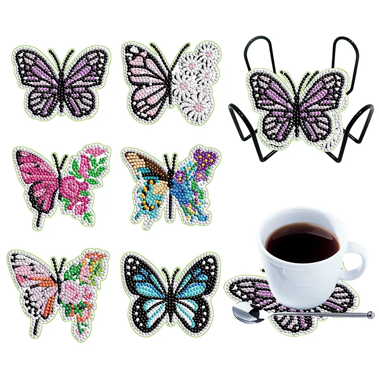Diamond DIY Coasters with Holder Diamond Art Coaster (Flower Butterfly 6PCS)