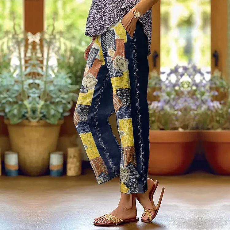 Women's Japanese Patchwork Floral Embroidery Casual Linen Pants