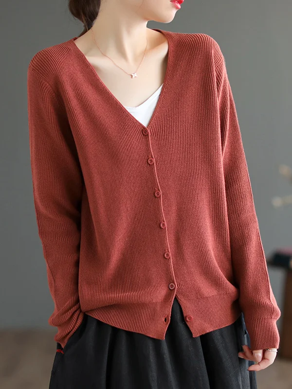 Solid Color Long Sleeves Loose V-Neck Cardigan Tops