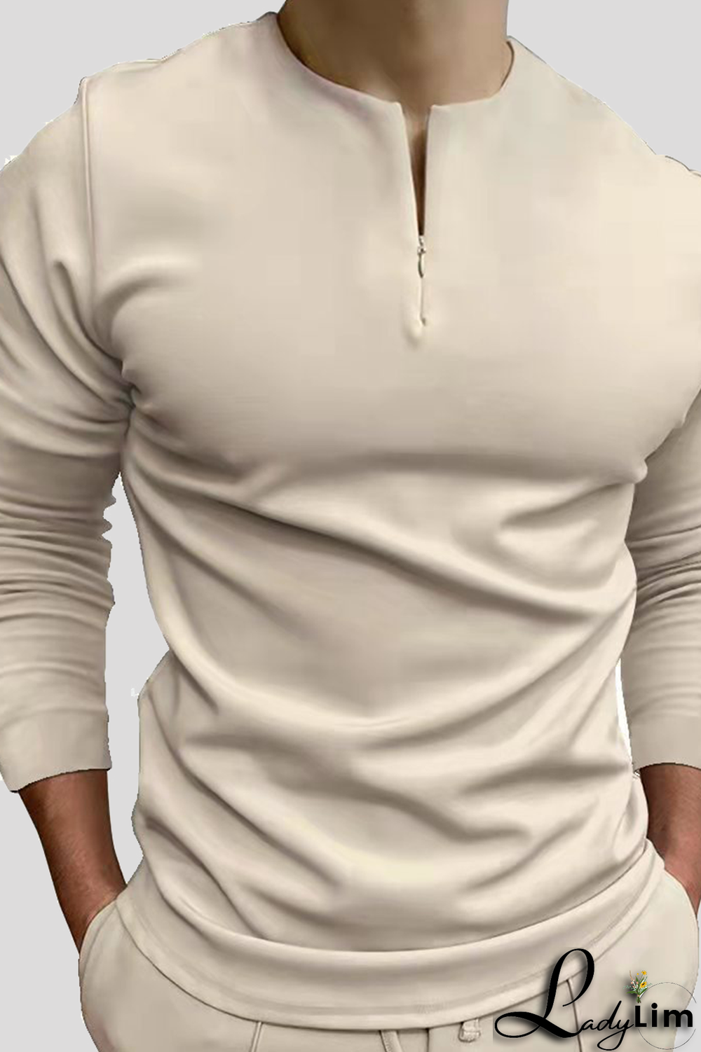 Khaki Fashion Casual Solid Split Joint Zipper Zipper Collar Tops