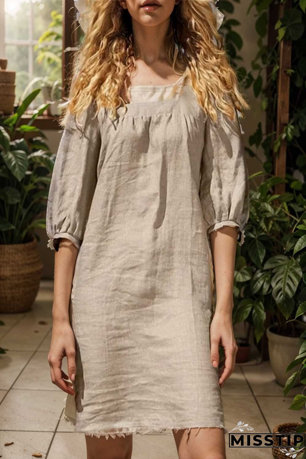 cotton linen loose casual half sleeve mini dress