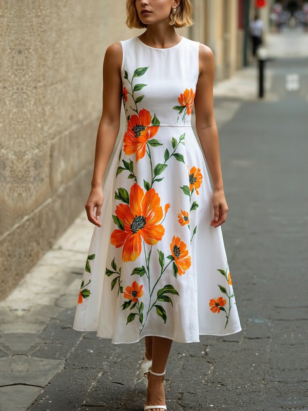 A-Line Loose Flower Print Round-Neck Midi Dresses