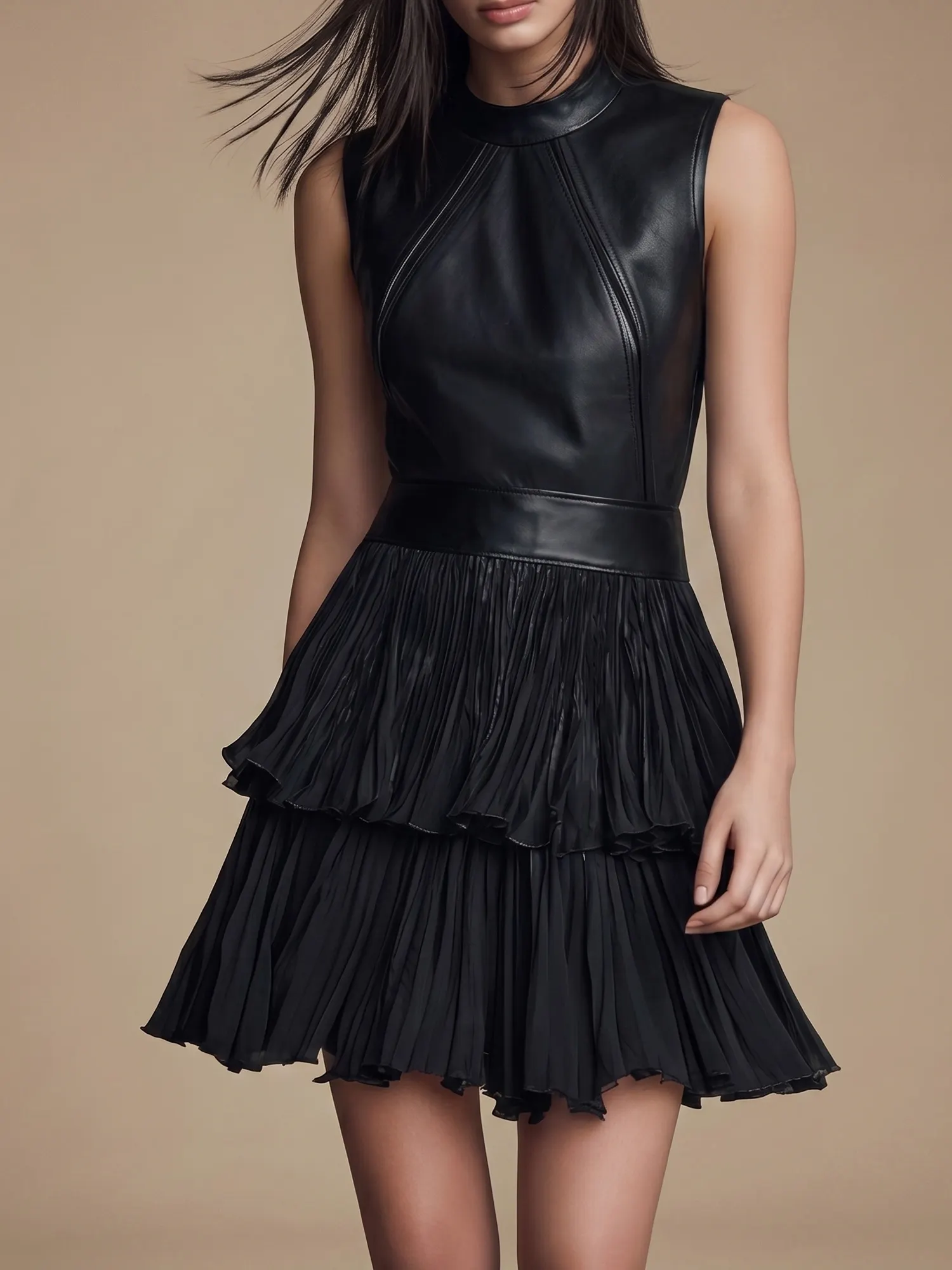 Western-style dress - Women's midnight black sleeveless belted PU leather mini dress