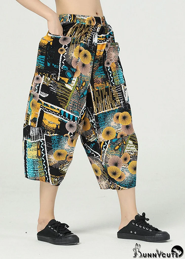 Yellow Print Cotton Harem Pants Elastic Waist Oversized Summer