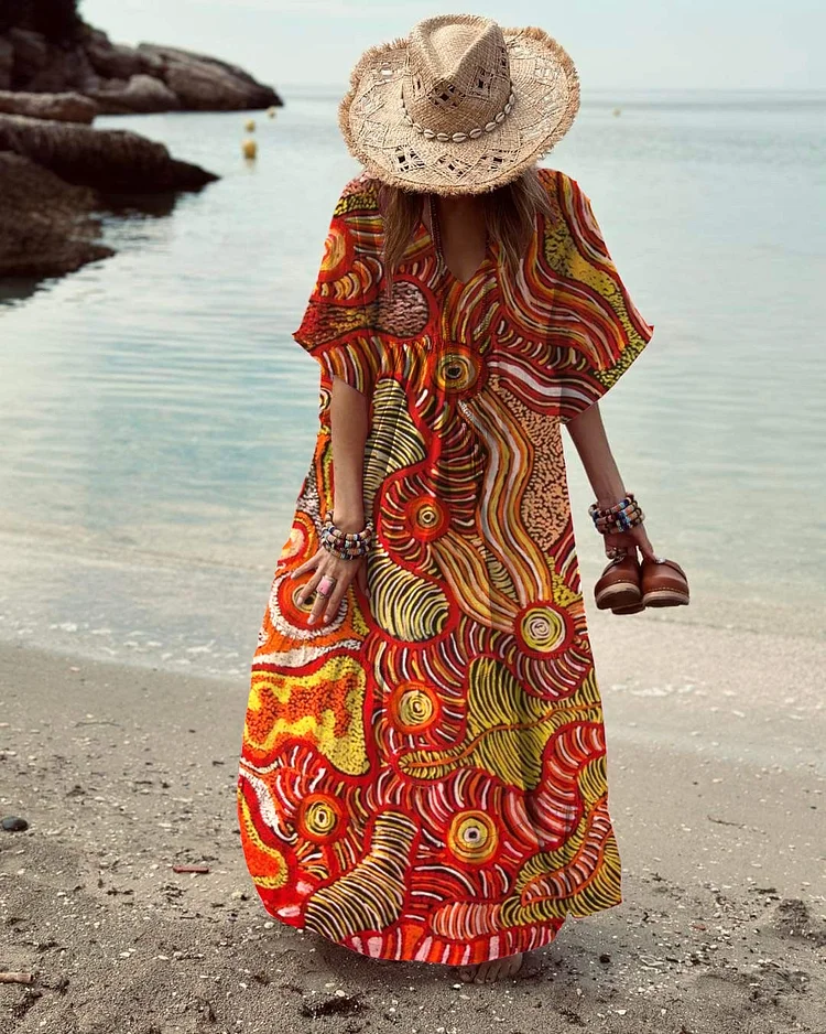 Women's V-Neck Ethnic Bohemian Beach Print Beach Dress socialshop