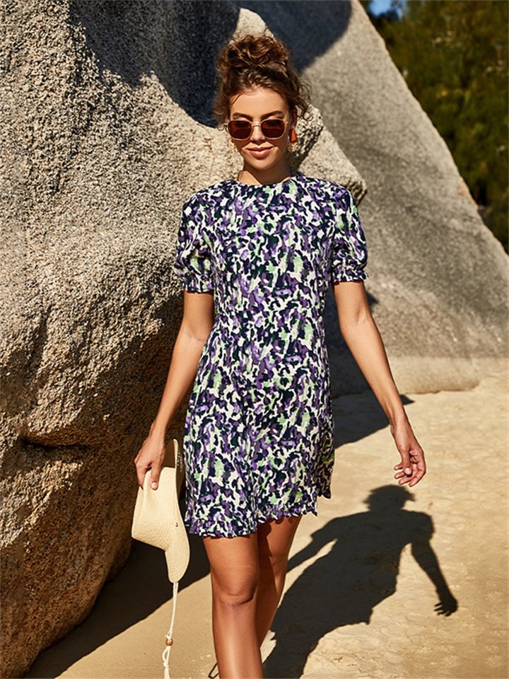 Short-sleeved round-neck dress short skirt high waist printed long-sleeved set head print temperament commuter in skirt dress -vasmok