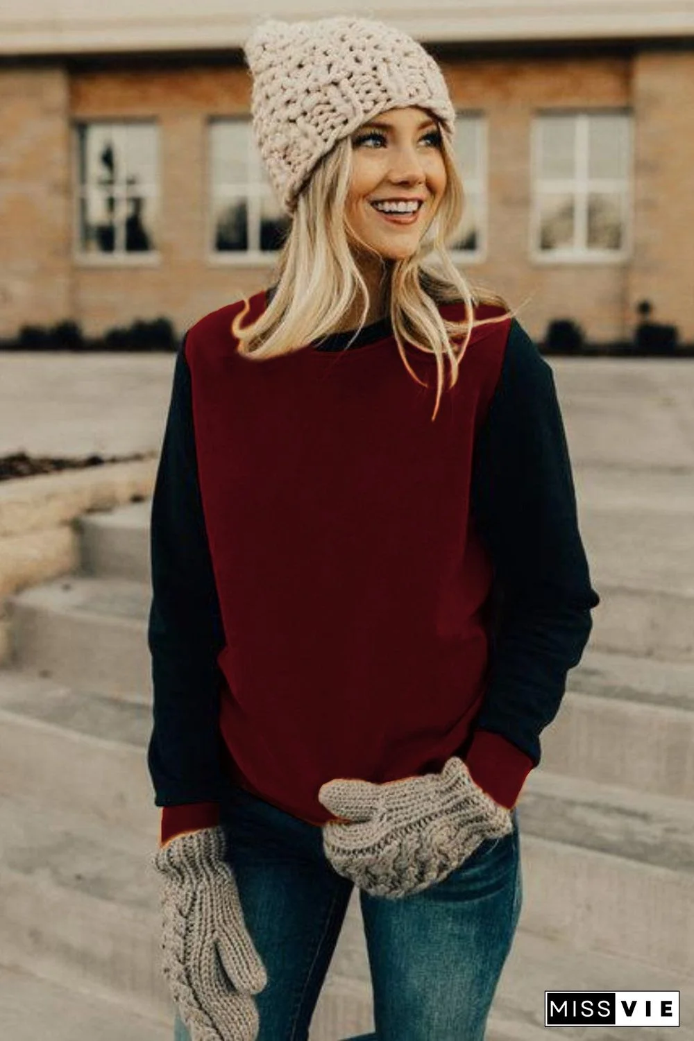 Red Long Sleeve Round Neck Stitching Top