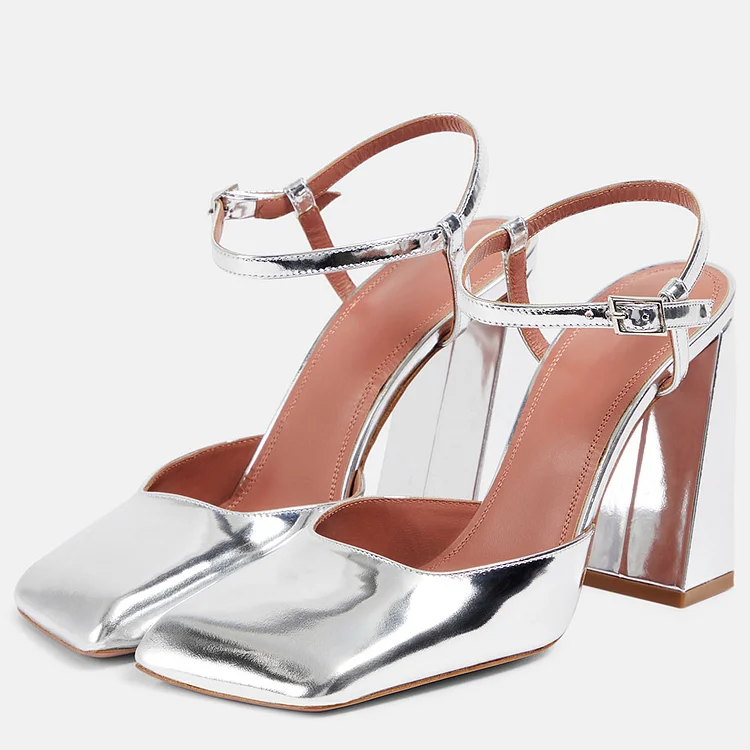 Metallic Silver Block Heel Pumps Ankle Strap Square Toe Party Shoes |FSJ Shoes