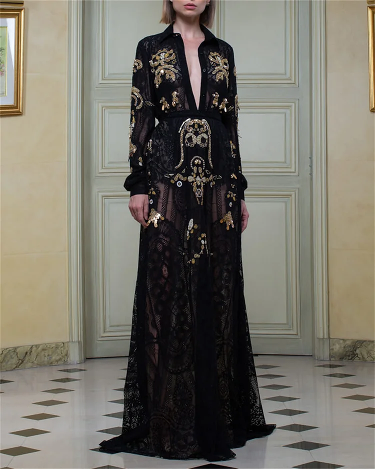 Women's V-neck Black Lace Embroidery Dress
