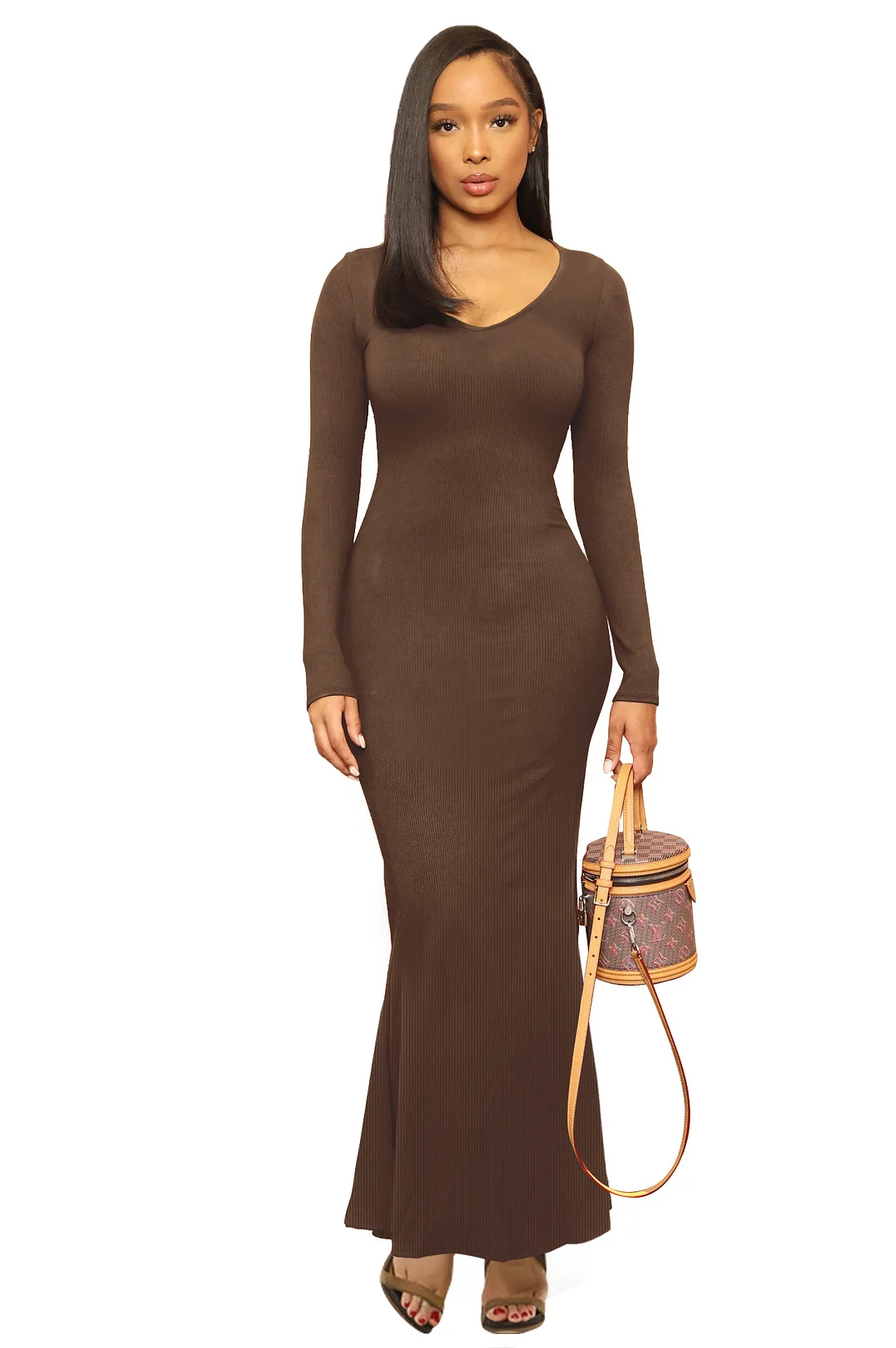 Brown Fashion Casual Solid Slit Turtleneck Long Sleeve Dresses | EGEMISS
