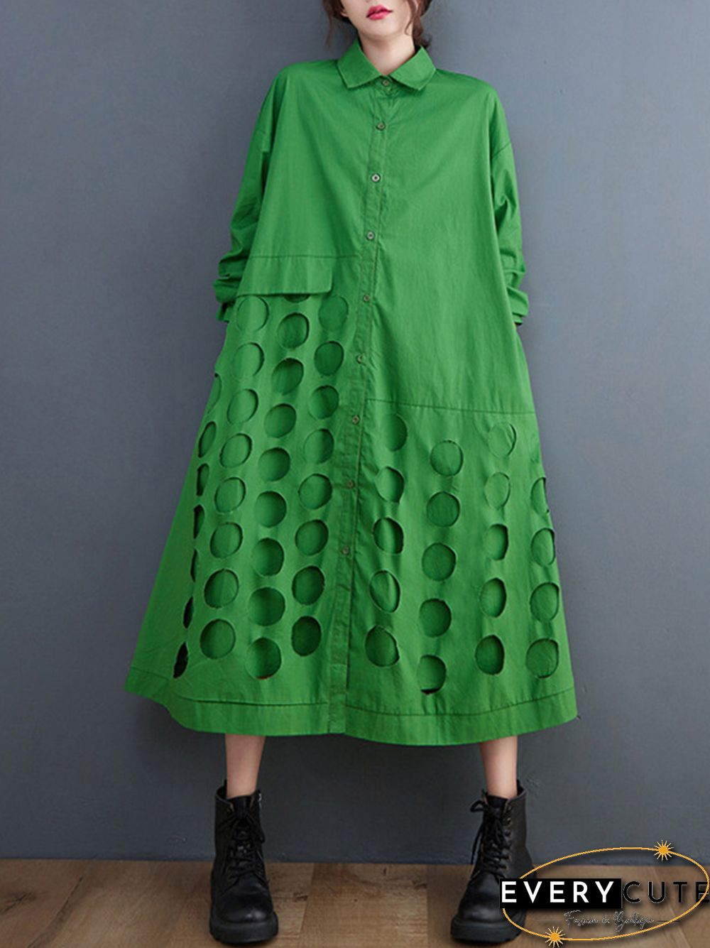 A-Line Long Sleeves Asymmetric Hollow Polka-Dot Solid Color Lapel Midi Dresses