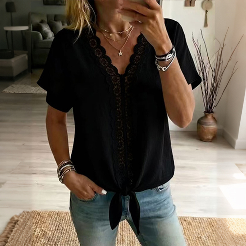 Comstylish Women's Solid Color Lace Patchwork V-neck Shirt