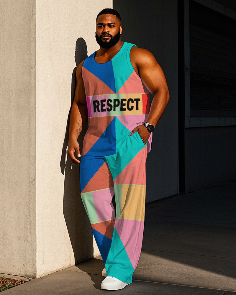 Big Men's RESPECT Letter Tangram Splicing Block Printed Casual Outdoor Vest and Pants Set