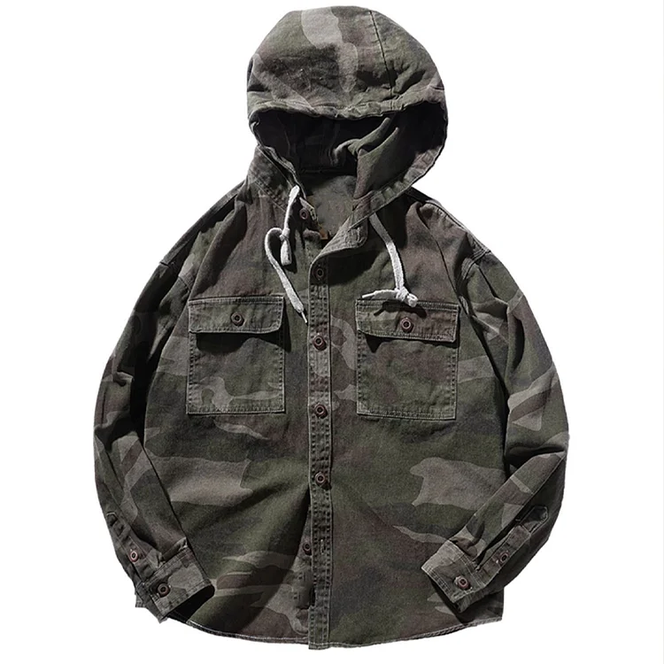 Outdoor Washed Distressed Camouflage Hooded Work Jacket