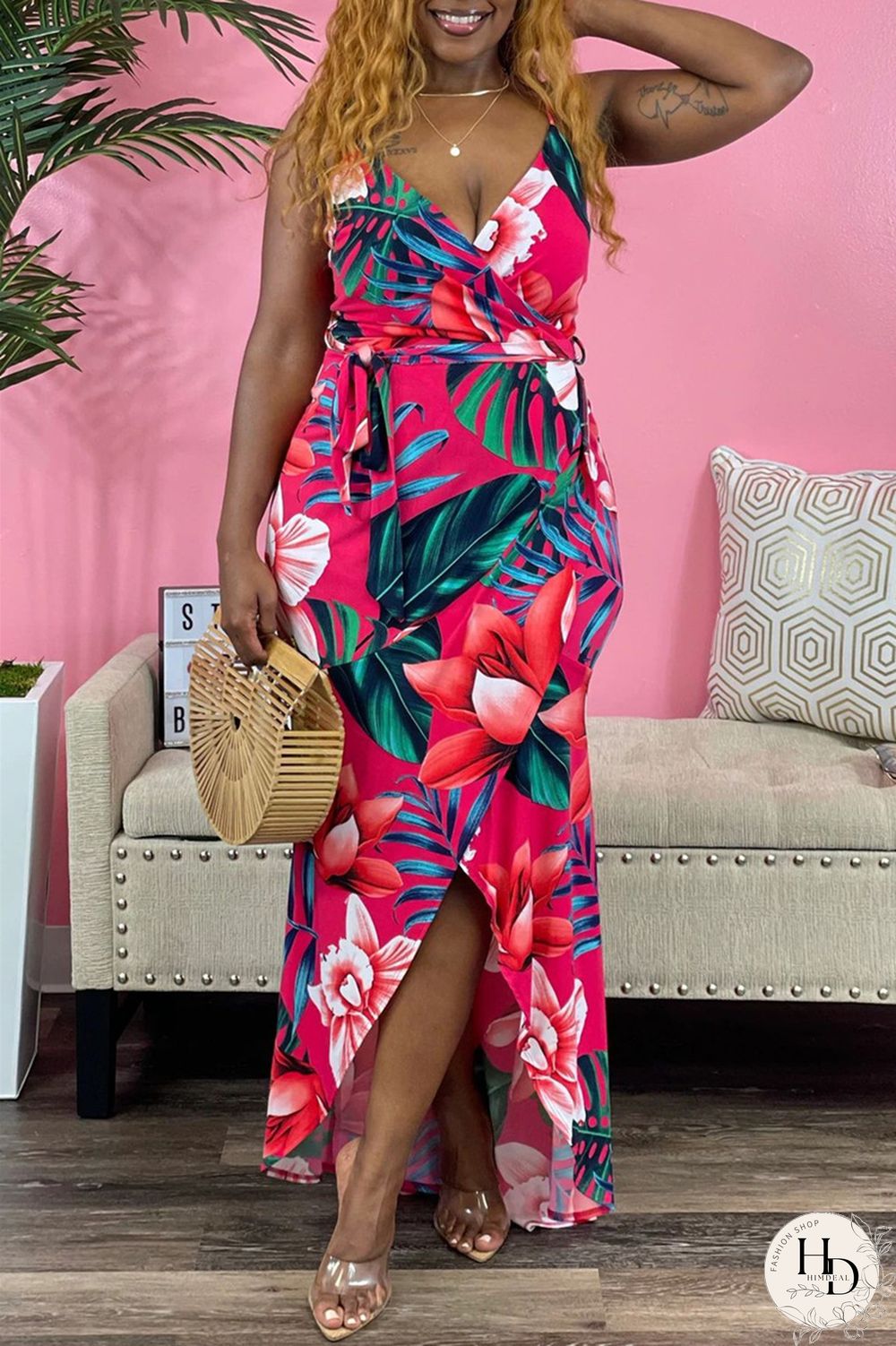 Red Sexy Casual Print Bandage Backless V Neck Sling Dress