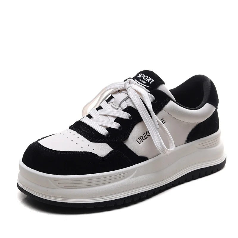 Yyvonne Time 99] Head Layer Kraft Casual Board Shoes Women With Thick Soles To Increase Black And White Panda Single Shoes