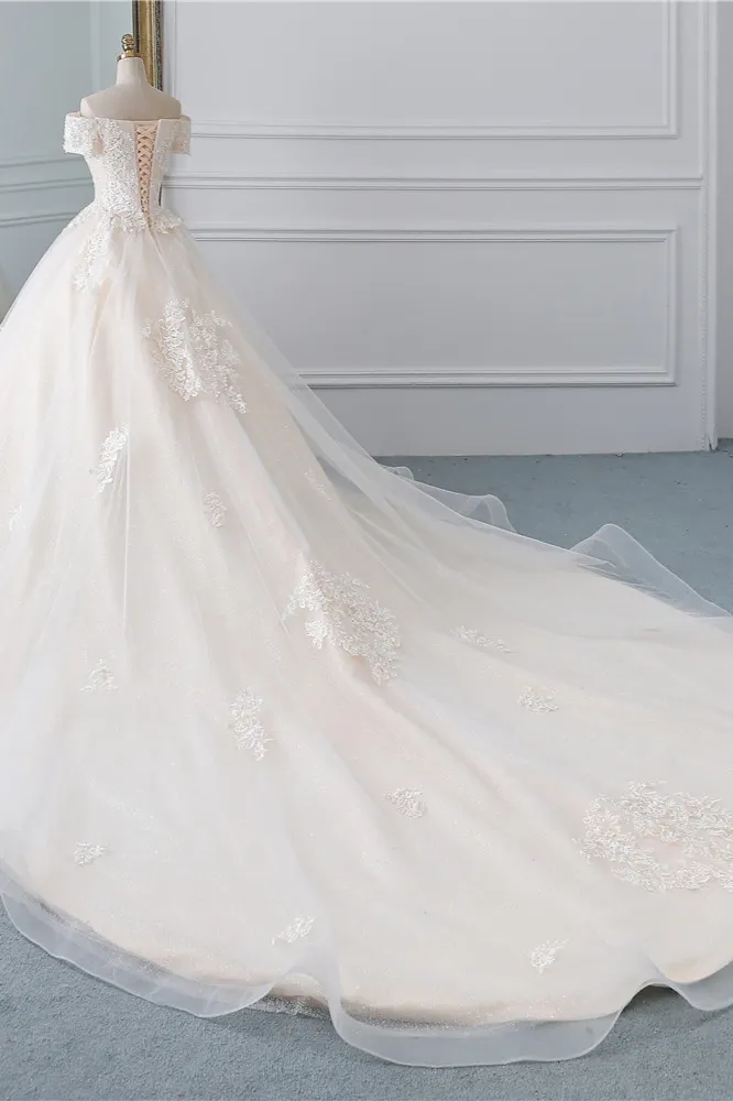 Superior Ivory Applique Tulle Off The Shoulder Long Sleeves Wedding Dresses