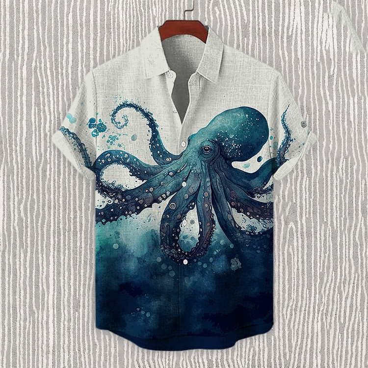 Men's Vintage Octopus Watercolor Art Print Casual Short Sleeve Shirt