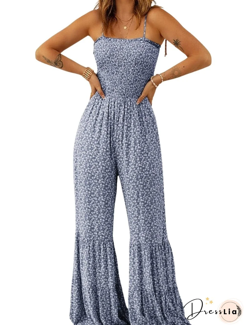 Blue Twilight Floral Dream Jumpsuit with Smocked Bodice and Delicate Straps